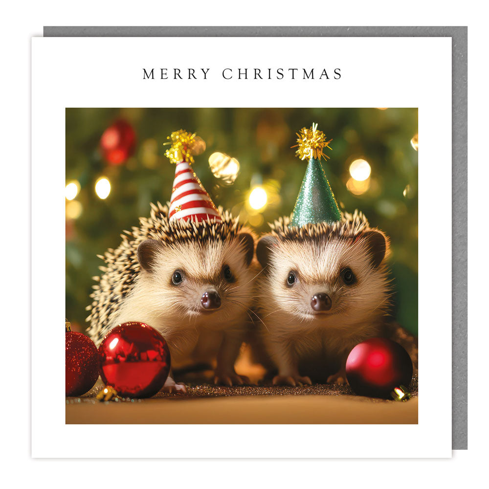 Party Hedgehogs Christmas card with two hedgehogs in festive hats and red baubles