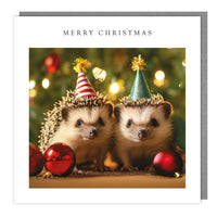 Party Hedgehogs Christmas card with two hedgehogs in festive hats and red baubles
