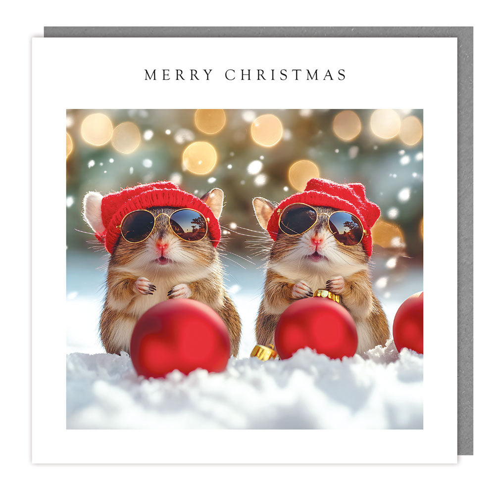 Hamsters and Baubles Christmas card with two hamsters in red hats and sunglasses among red baubles