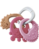 Three b.box baby teething toys arranged together on a white background: a natural wood bear-shaped teether, a pink silicone bear teether, a pink silicone moon teether, and a white carabiner ring.