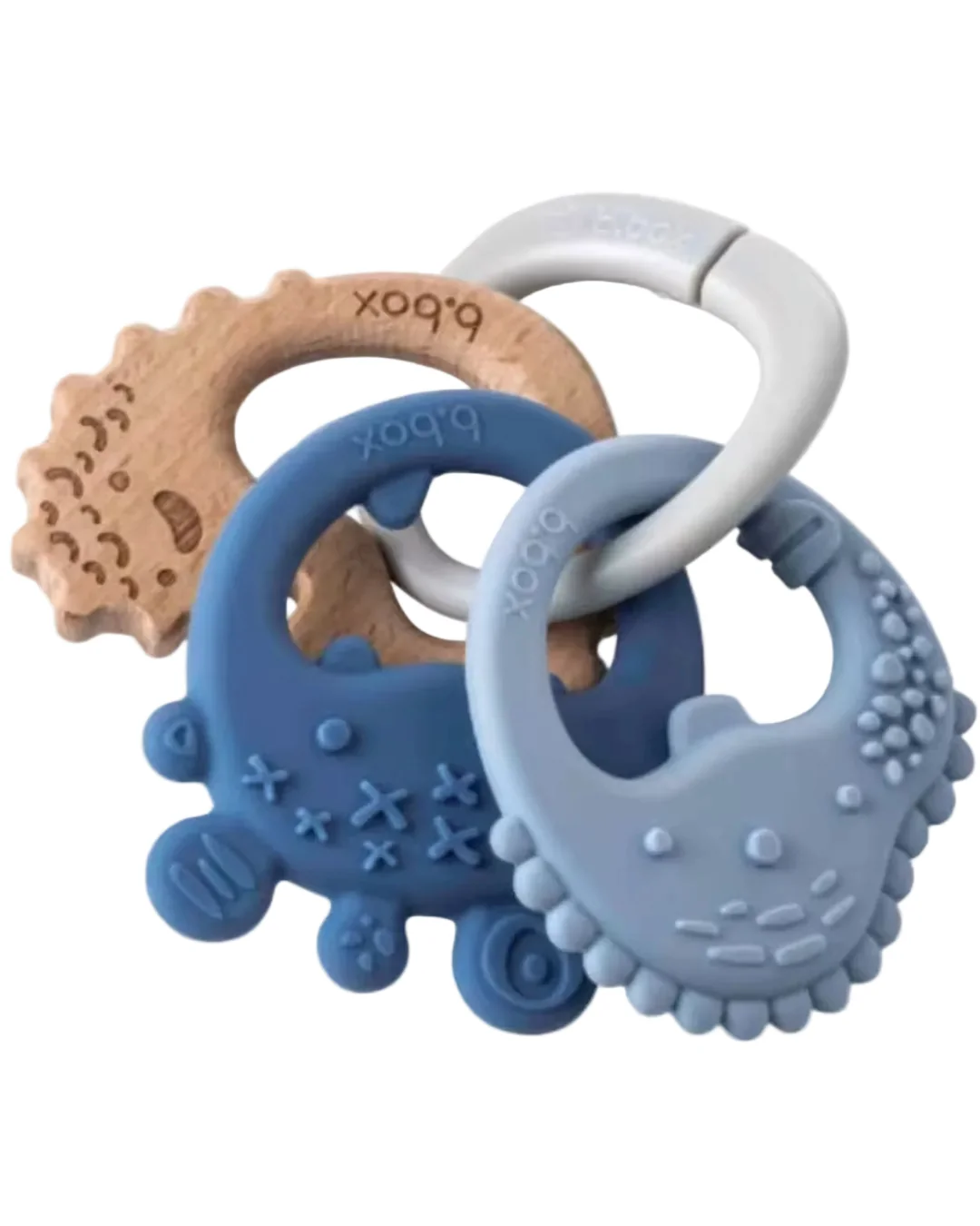 Three b.box baby teething toys with a split ring clasp, including a natural wood teether, a blue silicone teether, and a pale blue silicone teether, on a white background.