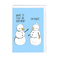 Jolly Awesome Top Knot Christmas card with two snowmen on a pale blue background