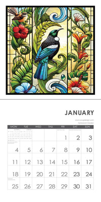 Lucy Gauntlett January 2027 spread with colourful bird artwork and a date grid