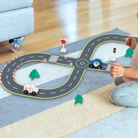 Hi Pando City Road Set being played with on the floor