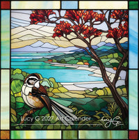 Lucy Gauntlett 2027 calendar cover with a stained-glass-style fantail and coastal scene