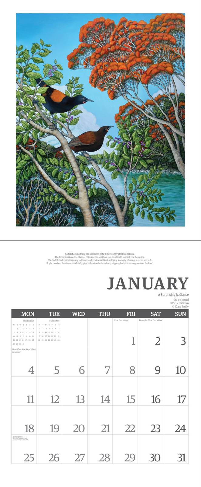 Clare Reilly January 2027 spread with birds, flowering trees and a monthly grid