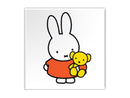 Square fridge magnet showing Miffy in a red dress holding her yellow teddy bear