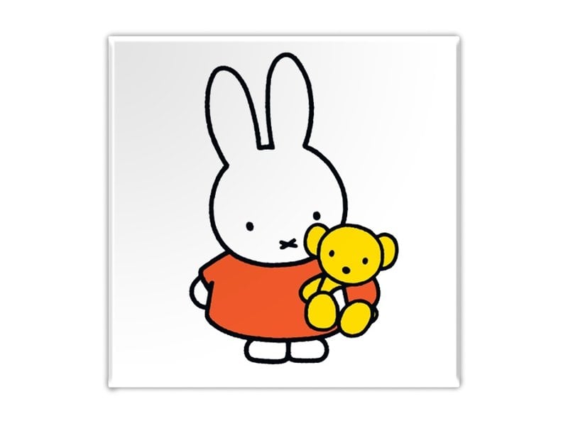 Square fridge magnet showing Miffy in a red dress holding her yellow teddy bear