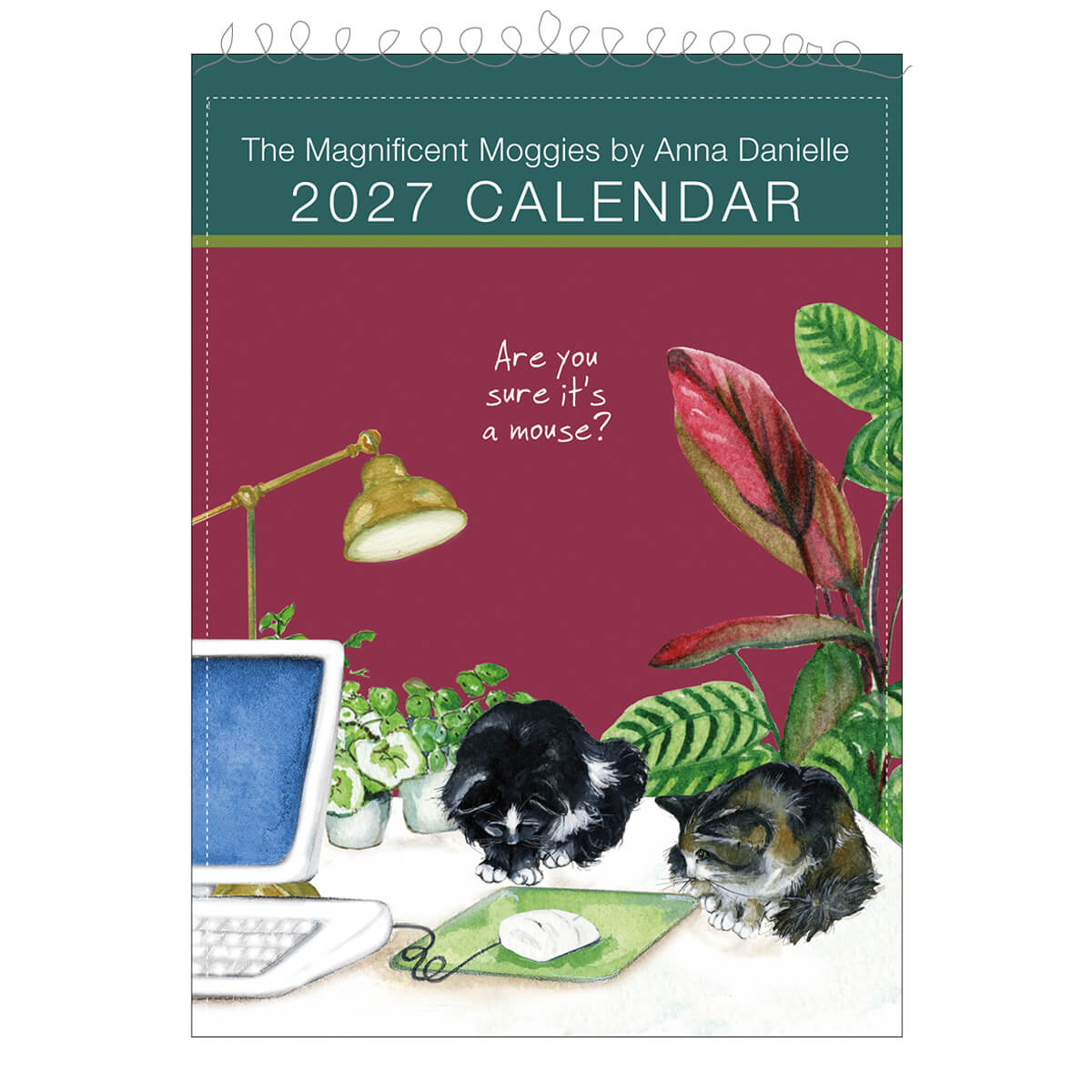 Magnificent Moggies 2027 calendar cover with two cats watching a computer mouse