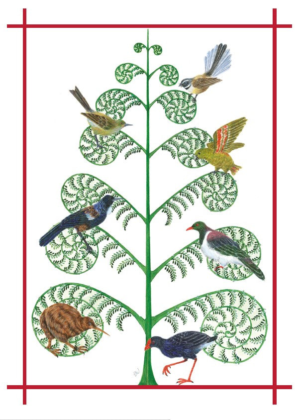 Sue Williams Fern Tree and Birds Christmas card artwork