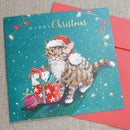 Cat With Gifts Christmas card with tabby cat in Santa hat beside wrapped presents