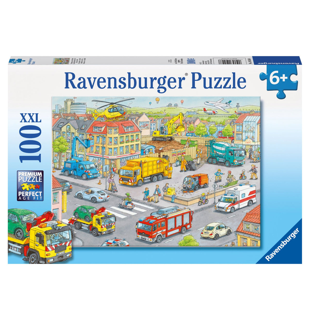 Ravensburger Vehicles in the City 100-piece puzzle box with city traffic and service vehicles