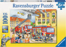 Ravensburger Fire Brigade 100-piece puzzle box showing firefighters, fire engines and a building rescue