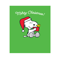 Snoopy Merry Christmas card with Woodstock in a red present box