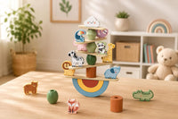 Tooky Toy animal stacking pieces balanced in a playroom